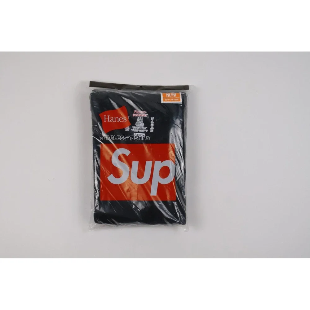 Supreme Hanes T-Shirts Tagless 3-Pack Black Solid Medium NWT